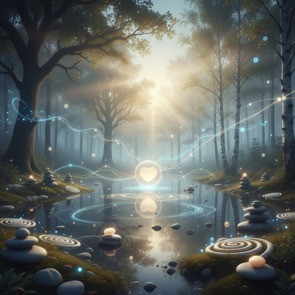 Soft, diffused light filtering through a misty landscape, creating a calm and ethereal atmosphere.