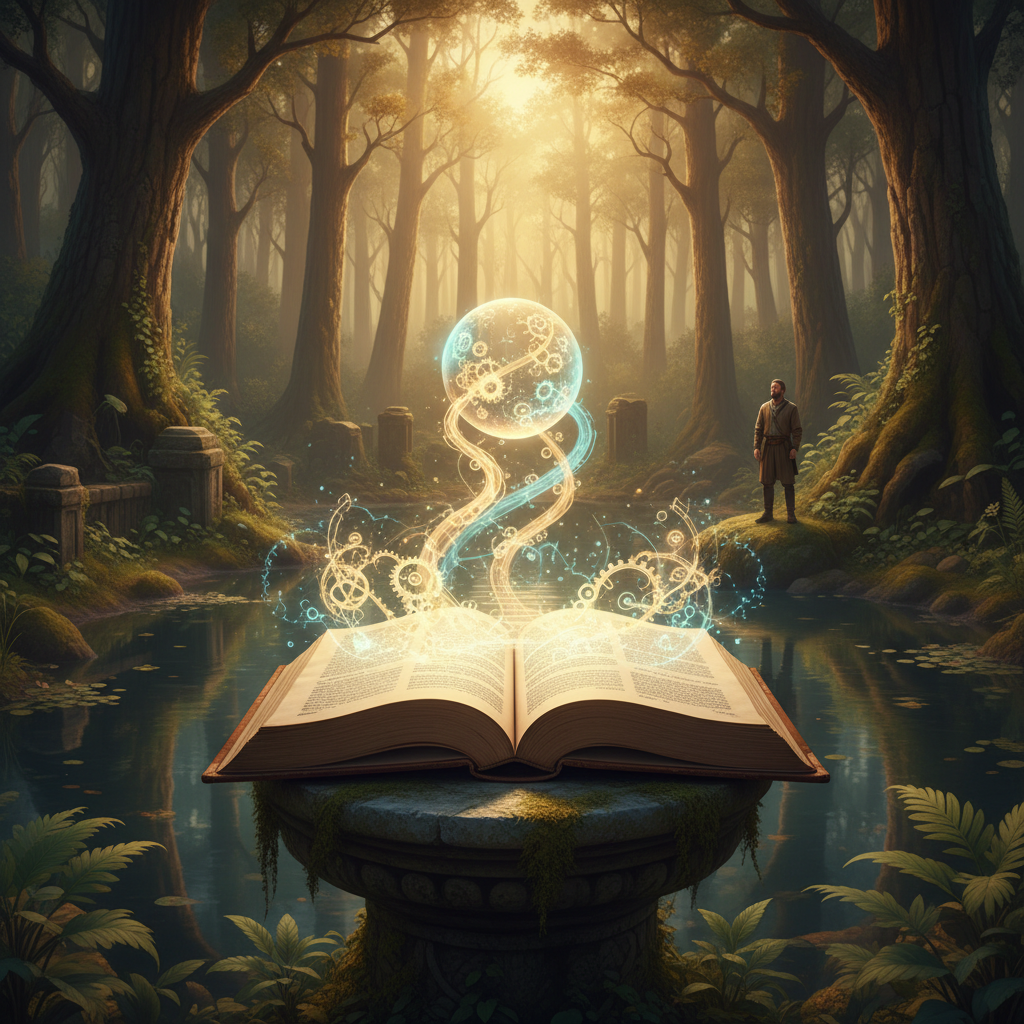 An open book illuminated by a soft, warm light, with blurred abstract shapes suggesting the flow of time around it.