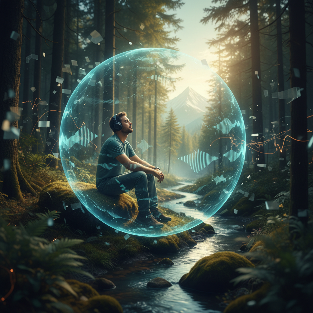 A person with closed eyes and headphones, appearing deeply focused in a serene natural setting.