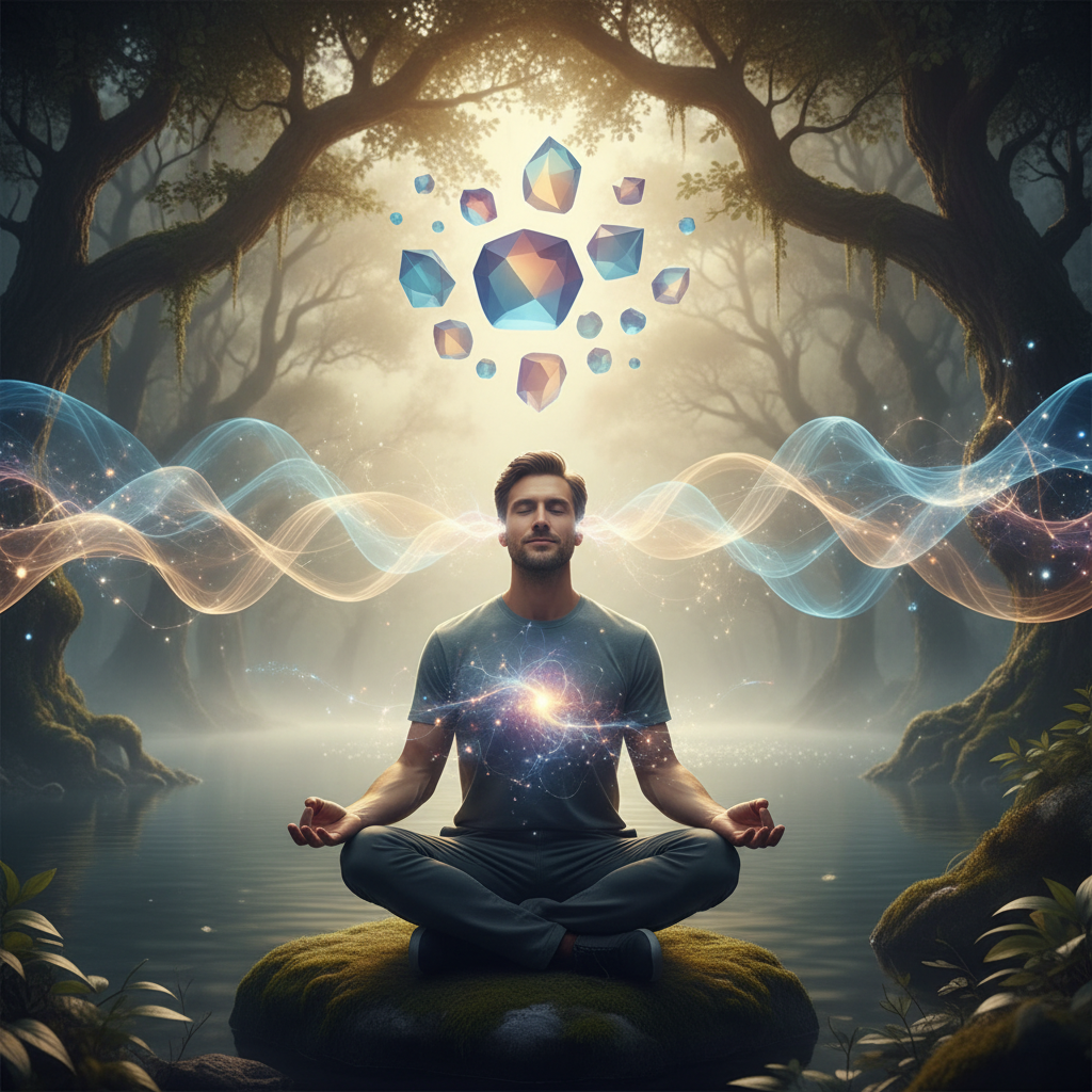 Abstract illustration of sound waves emanating from a human head, connecting to brain regions, symbolizing self-voice and internal processing.