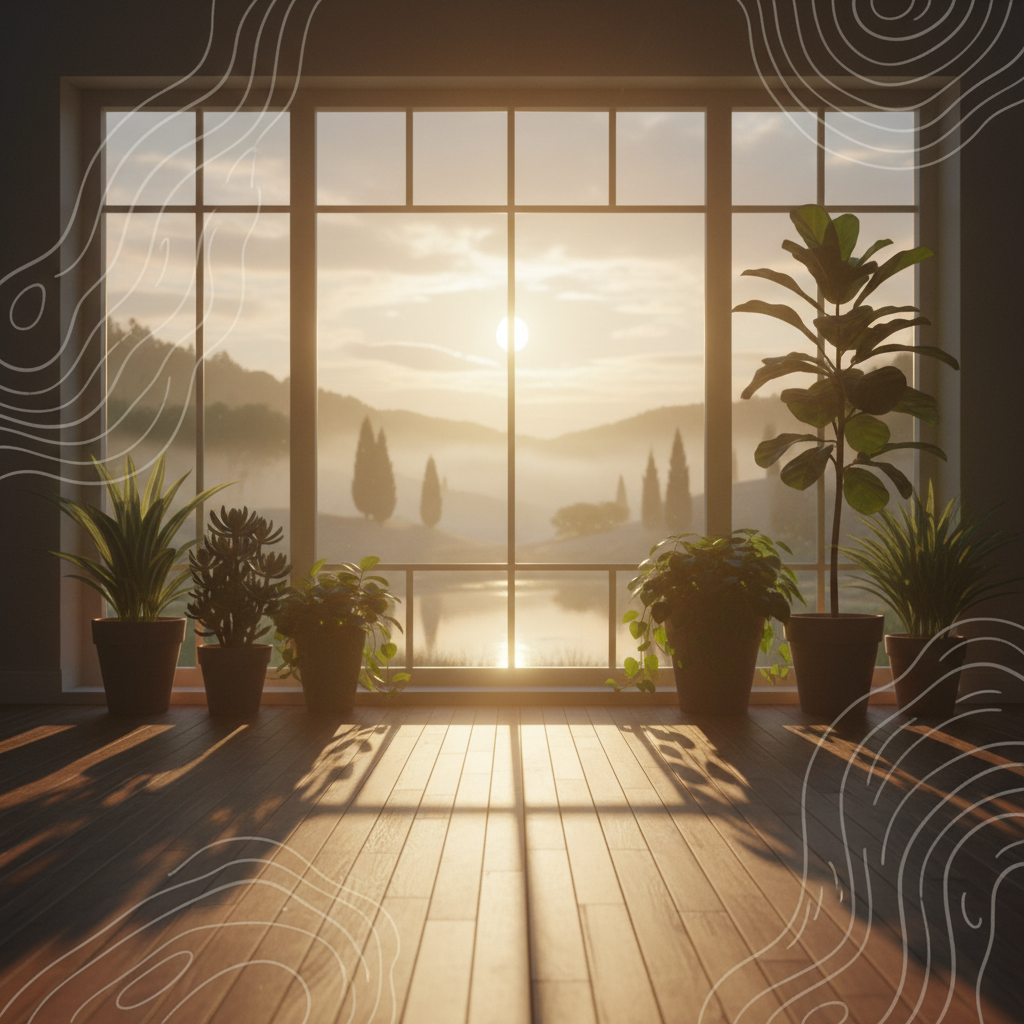 Soft morning light filtering through a window, illuminating a small potted plant on a windowsill, symbolizing gentle growth and daily ritual.