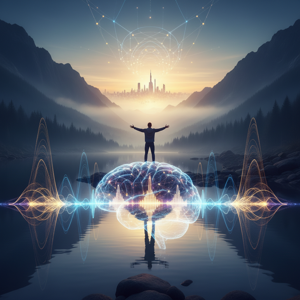 Abstract illustration of sound waves emanating from a human head outline, connecting to brain pathways