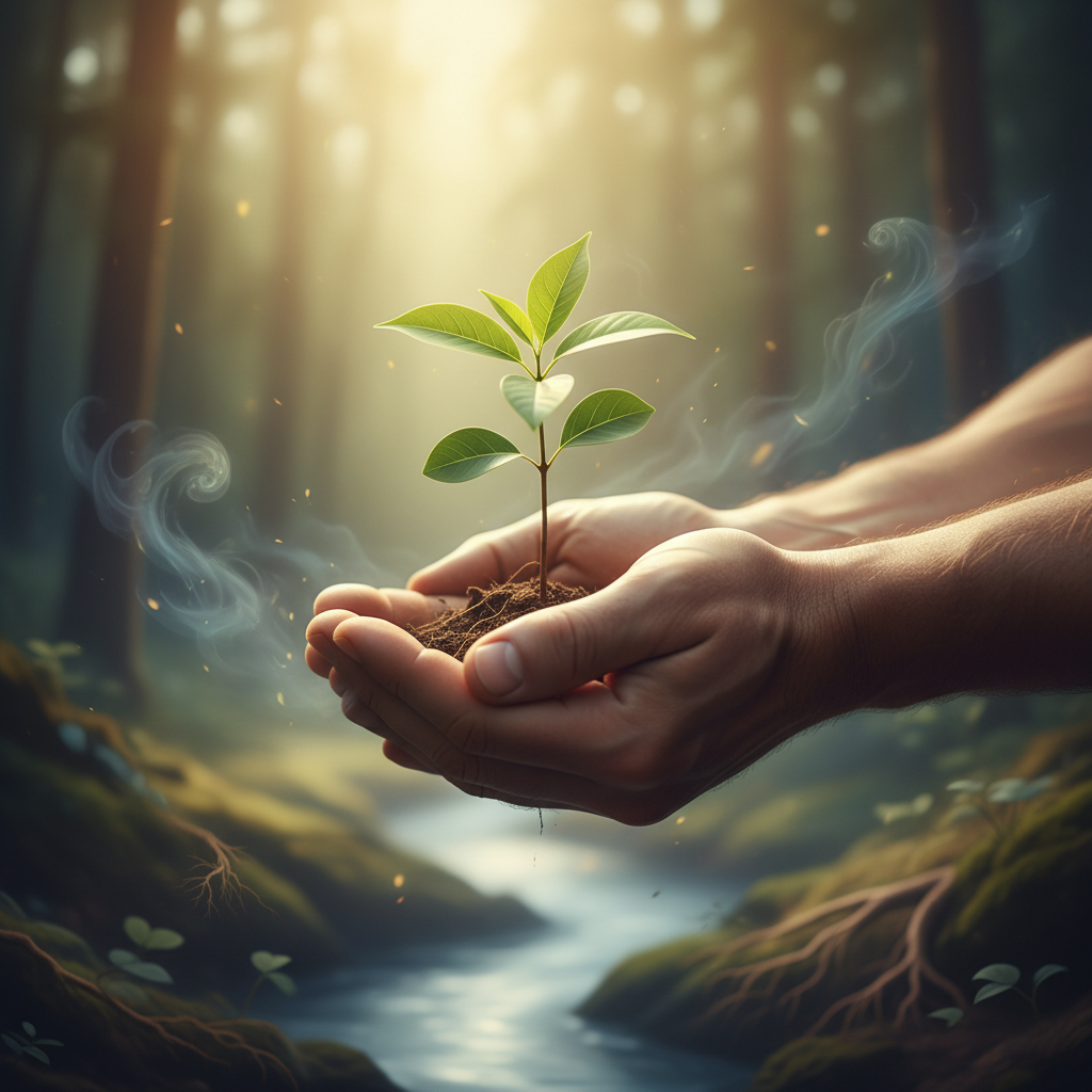 Close up of hands gently cupping a small green plant, bathed in soft, warm light.