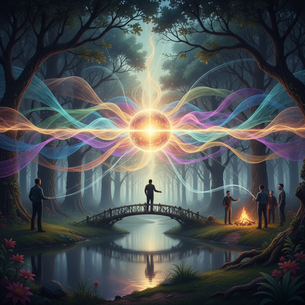 Abstract sound waves intertwining, representing diverse voices and shared connection.