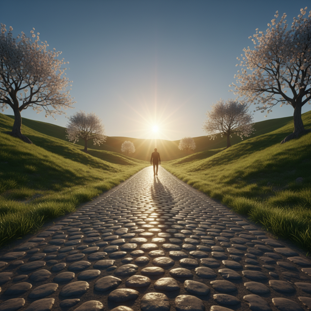 A winding path leading towards a bright, distant light on the horizon, symbolizing a clear and accessible goal.