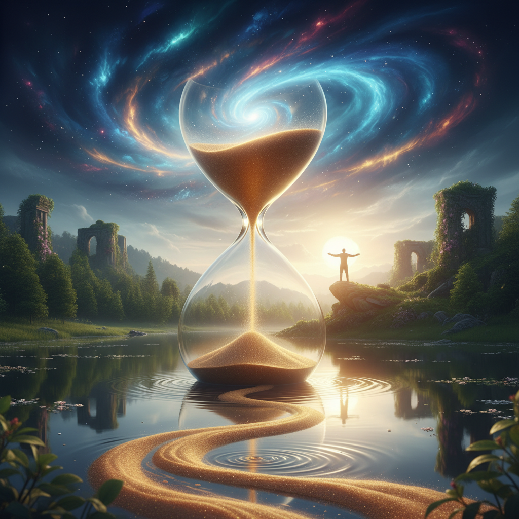 Close-up of an hourglass with sand flowing, symbolizing the passage of time and the present moment.