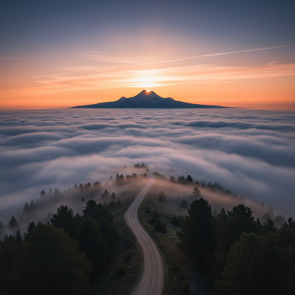 A winding path leading through a misty valley towards a distant mountain peak bathed in the light of a sunrise, symbolizing a journey towards a grand vision.