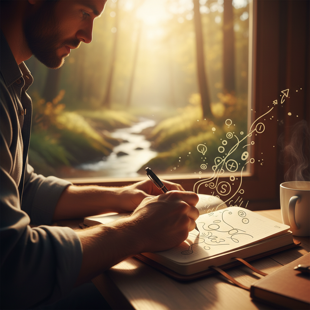 Close-up of hands writing in a journal with a pen, illuminated by warm, soft light, suggesting focused reflection and goal setting.