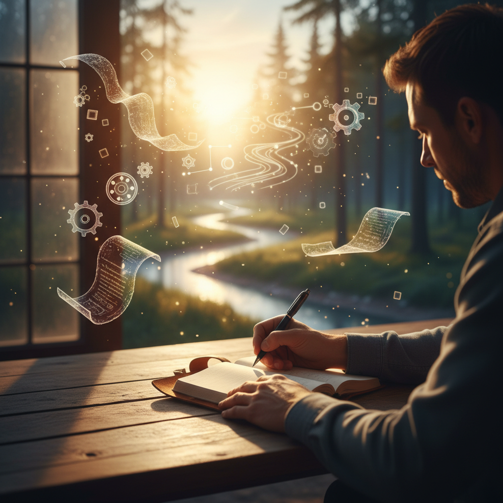 A person's hands holding a pen over an open notebook, with warm sunlight illuminating the scene, suggesting reflection and intention.