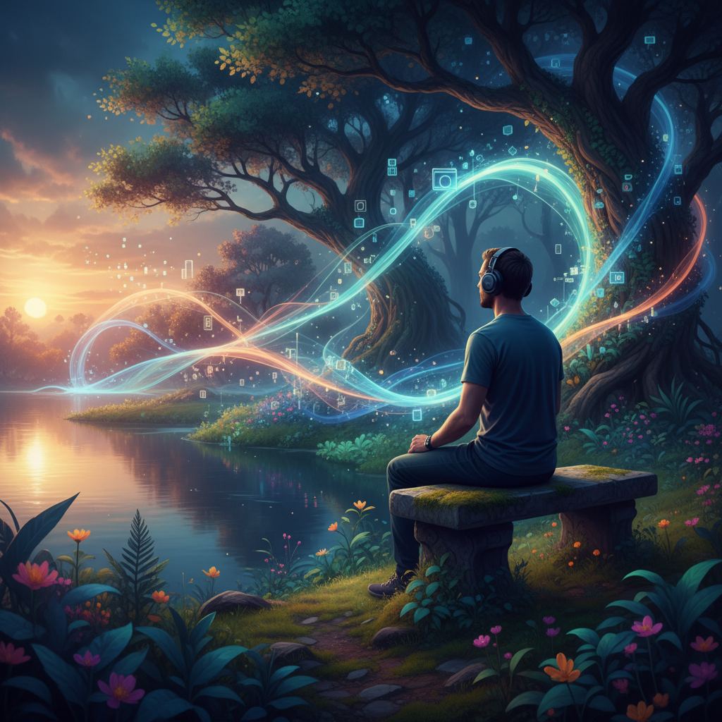 Abstract image of sound waves or light rays converging towards a human silhouette, representing focused listening and intention amidst digital chaos.