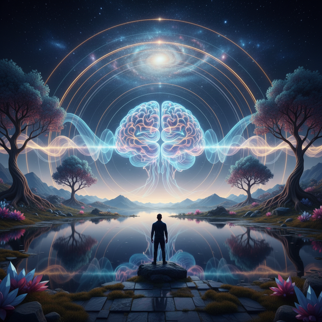 Abstract illustration of interconnected brain pathways with subtle sound wave patterns