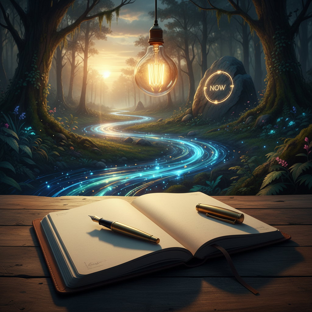 An open notebook with a pen resting on a page, next to a glowing lightbulb, symbolizing ideas and action.