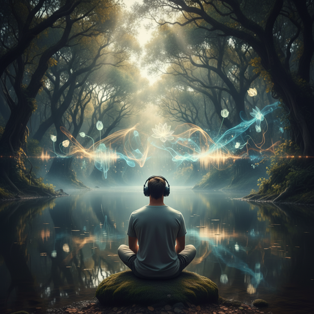 A person with headphones on, eyes closed in a calm, focused expression, suggesting deep listening and introspection.